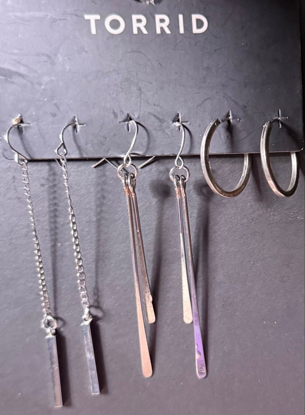 Torrid 3 Pair Silver Tone Dangle Bar Drop & Hoop Earrings Set NWOT